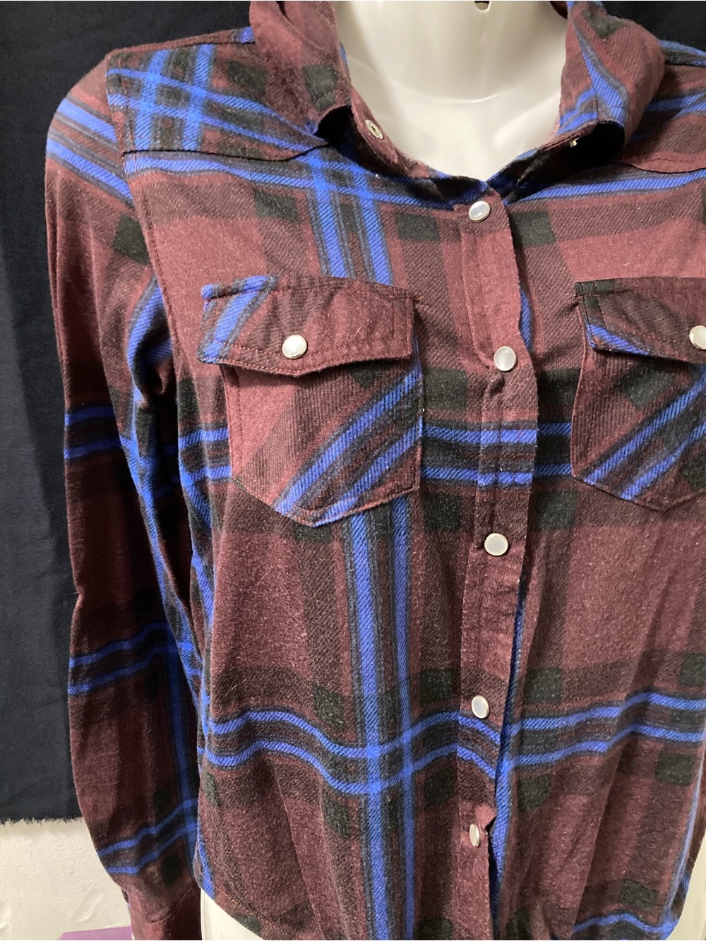 Passport Plaid Flannel Shirt Burgundy Blue Snap Button XS